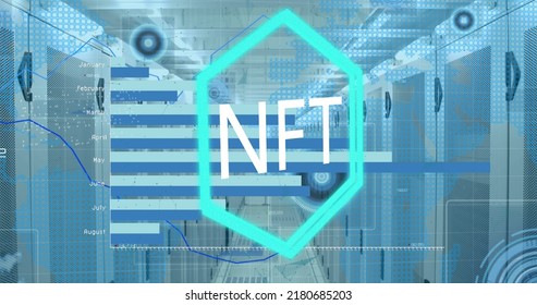 Image of nft text over financial data processing and server room. Global technology, computing and digital interface concept digitally generated image. - Shutterstock ID 2180685203