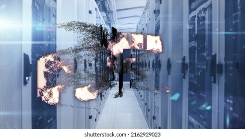 Image of nft text over server room. global business, finances, connections and digital interface concept digitally generated image.