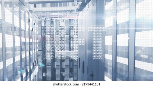 Image of nft text over server room. Global business and digital interface concept digitally generated image.