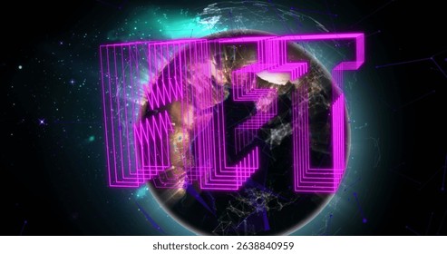 Image of nft text in purple over globe. Global cryptocurrency, computing, connections, data processing and digital interface concept digitally generated image.
