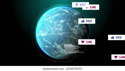 Image of notification bars and connected dots around globe over black background. Digitally generated, hologram, illustration, communication, social media, globalization and technology concept. - Powered by Shutterstock - Get 15% off with code: PIKWIZARD15