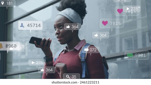 Image of notification bars over african american woman talking on speaker of cellphone. Digital composite, multiple exposure, business, growth, communication, social media and technology concept. - Powered by Shutterstock