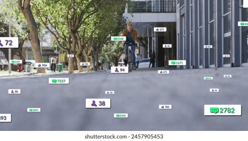 Image of notification bars over albino african american man riding bicycle on street. Digital composite, multiple exposure, business, social media reminder and transportation concept. - Powered by Shutterstock