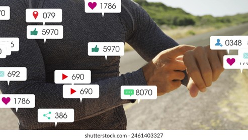 Image of notification bars over caucasian athlete checking running stats on smartwatch. Digital composite, multiple exposure, social media reminder, shopping and technology concept. - Powered by Shutterstock