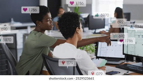 Image of notification bars over diverse female coworkers discussing reports on computer. Digital composite, multiple exposure, social media reminder, planning, teamwork and technology concept. - Powered by Shutterstock - Get 15% off with code: PIKWIZARD15