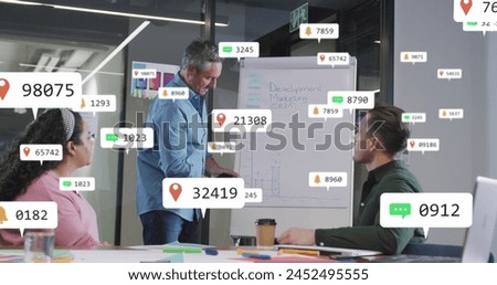 Image of notification bars over diverse manager explaining strategy to coworkers on whiteboard. Digital composite, multiple exposure, business, teamwork, planning, social media reminder concept.