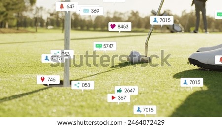 Image of notification bars over low section of golf player taking shot to score hole. Digital composite, multiple exposure, social media reminder, sports and competition concept.
