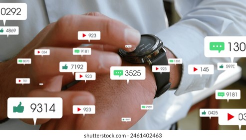 Image of notification bars over midsection of caucasian businessman using smartwatch. Digital composite, multiple exposure, social media reminder, shopping and technology concept. - Powered by Shutterstock