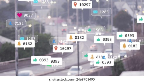 Image of notification icons with counters over slow motion of cars moving on street in city. Digital composite, multiple exposure, social media, speech bubble, number, transportation. - Powered by Shutterstock