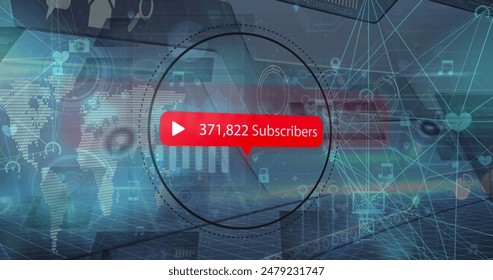 Image of notification label, connected icons forming globes, graphs, map on abstract background. Digitally generated, hologram, globalization, communication, social media and technology concept. - Powered by Shutterstock - Get 15% off with code: PIKWIZARD15