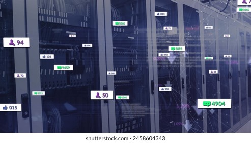 Image of notification with numbers icons and arrows over data server racks. Digital composite, network security, data center, networking, technology, network server, social media, mobile apps. - Powered by Shutterstock