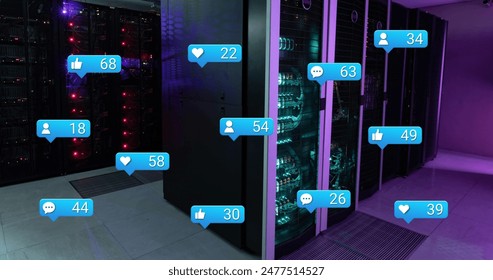 Image of notification with numbers icons over data server racks. Digital composite, network security, data center, networking, technology, network server, social media, mobile apps concept. - Powered by Shutterstock