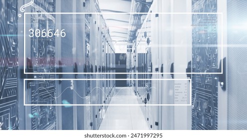 Image of numbers and alphabets floating over interface with data processing against server room. Computer interface and business data storage technology concept