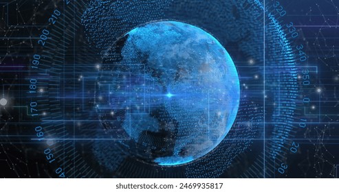 Image of numbers around circles and lines over connected dots around globe. Digitally generated, hologram, illustration, illuminated, communication, digits and globalization concept.