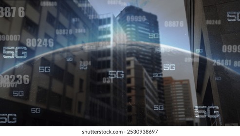 Image of numbers changing and 5g text over modern cityscape. global technology, digital interface and data processing concept digitally generated image.