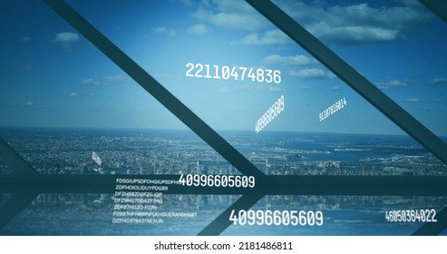 Image of numbers changing and data processing over cityscape. global business, data processing and digital interface concept digitally generated image.
