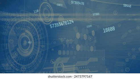 Image of numbers changing, data processing and scopes scanning. global connections and digital interface concept digitally generated image.