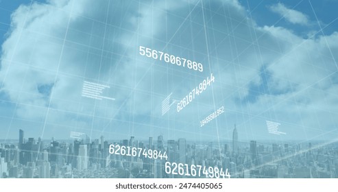 Image of numbers changing and data processing over cityscape. global business, data processing and digital interface concept digitally generated image.