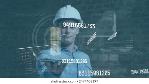 Image of numbers changing and data processing over male worker. global business, data processing and digital interface concept digitally generated image. - Powered by Shutterstock