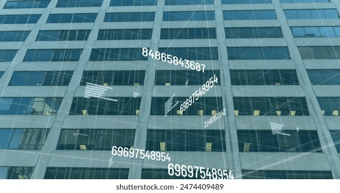 Image of numbers changing and data processing over cityscape. global business, data processing and digital interface concept digitally generated image.