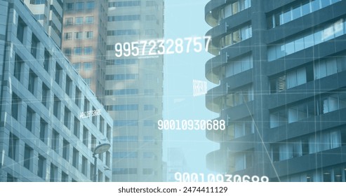 Image of numbers changing and data processing over cityscape. global business, data processing and digital interface concept digitally generated image.