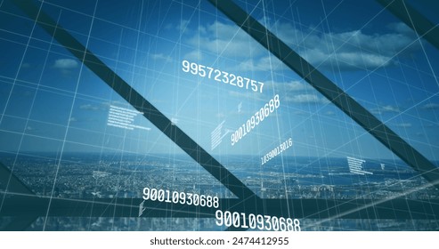 Image of numbers changing and data processing over cityscape. global business, data processing and digital interface concept digitally generated image.
