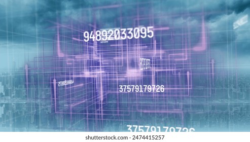 Image of numbers changing and data processing over cityscape. global business, data processing and digital interface concept digitally generated image.