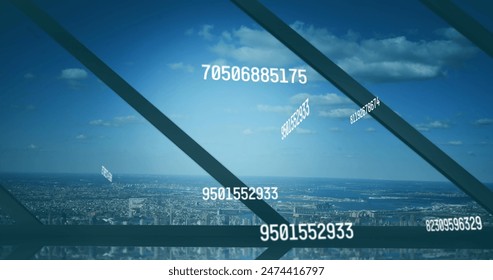 Image of numbers changing and data processing over cityscape. global business, data processing and digital interface concept digitally generated image.