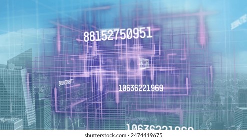 Image of numbers changing and data processing over cityscape. global business, data processing and digital interface concept digitally generated image.