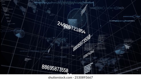 Image of numbers changing and data processing on black background. Global business data processing and connections concept digitally generated image.