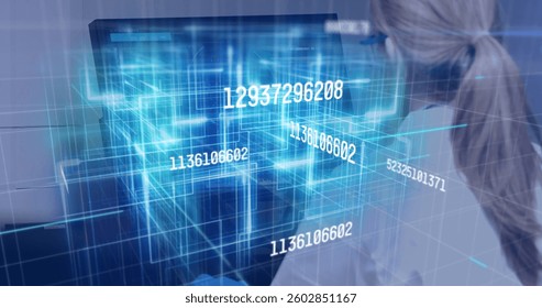 Image of numbers changing data processing against woman using computer. global technology connection digital interface concept digitally generated image.