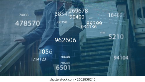 Image of numbers changing and data processing over woman walking with shopping bag. global business and finance concept digitally generated image.