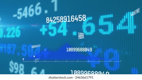 Image of numbers changing and financial data processing on blue background. global finance and business concept digitally generated image.