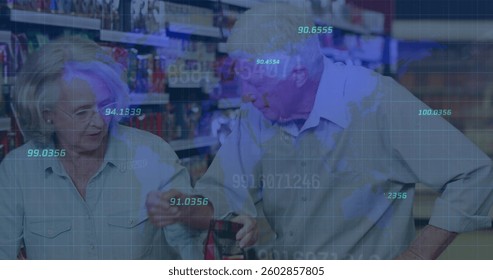 Image of numbers changing and financial data processing over senior couple shopping. global business and finance concept digitally generated image.