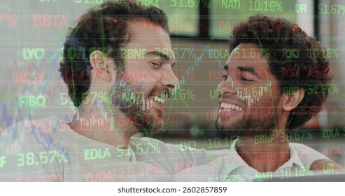 Image of numbers changing and financial data processing over two men paying online using laptop. global business and finance concept digitally generated image.
