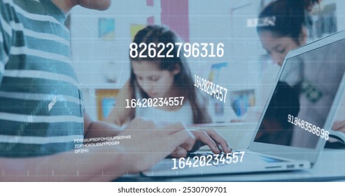 Image of numbers changing over caucasian man using laptop. Global social media, business, finance and data processing concept digitally generated image.