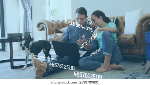 Image of numbers changing over caucasian couple using laptop. Global social media, business, finance and data processing concept digitally generated image.