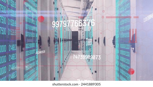 Image of numbers changing over computer servers in background. Digital interface global connection and communication concept digitally generated image.