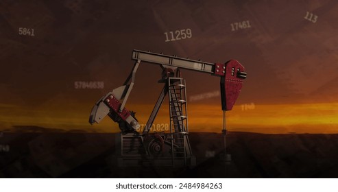 Image of numbers changing over oil rig at sunset. Global oil business, business, finances, computing and data processing concept digitally generated image. - Powered by Shutterstock