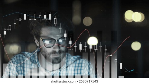 Image of numbers changing over statistics and tired man. global social media, connections, digital interface, technology and networking concept digitally generated image. - Powered by Shutterstock