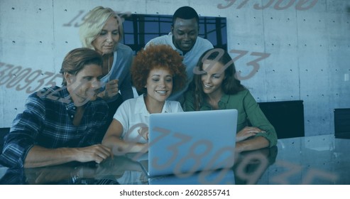 Image of numbers changing over team of people using laptop. digital interface global connection and finance concept digitally generated image.