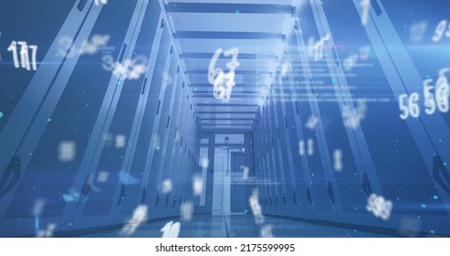 Image of numbers changing over tech room with computer servers. global technology data processing concept digitally generated image.