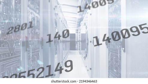 Image of numbers changing over tech room with computer servers. global technology data processing concept digitally generated image.