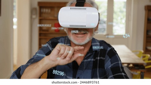 Image of numbers changing and processing over man wearing vr headset. digital interface global connection and communication concept digitally generated image. - Powered by Shutterstock - Get 15% off with code: PIKWIZARD15