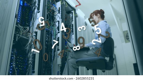Image of numbers changing and processing over woman using laptop checking computer server. digital interface global connection and communication concept digitally generated image.