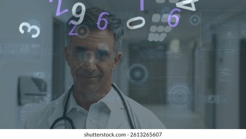 Image of numbers changing and scopes on screens over male doctor with stethoscope. medicine, digital interface and data processing concept digitally generated image. - Powered by Shutterstock - Get 15% off with code: PIKWIZARD15