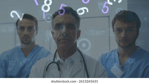 Image of numbers changing and scopes on screens over male doctors with stethoscope. medicine, digital interface and data processing concept digitally generated image. - Powered by Shutterstock - Get 15% off with code: PIKWIZARD15