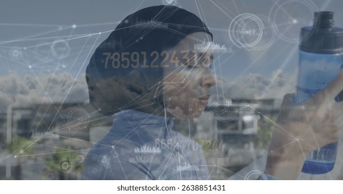Image of numbers, data processing, connecting dots, asian female runner drinking water. Digital composite, multiple exposure, connect the dots, wellbeing, fitness, healthy lifestyle. - Powered by Shutterstock - Get 15% off with code: PIKWIZARD15