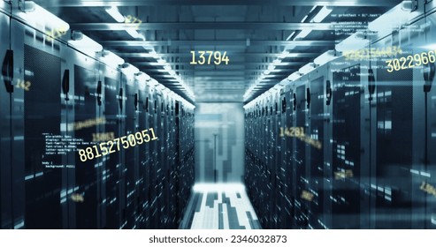 Image of numbers and data processing over computer servers. Global computing and data processing concept digitally generated image.