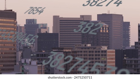 Image of numbers and data processing over cityscape. Global business, finances, computing and data processing concept digitally generated image.